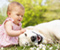 Cute Baby Playing With Dog In Garden